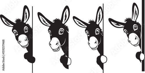 Four playful donkey heads peeking from the side silhouette