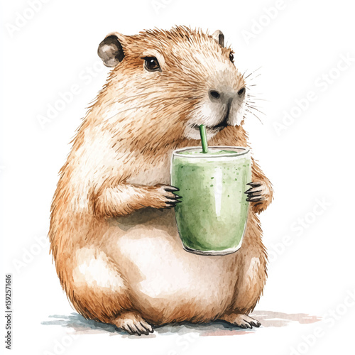 Watercolor Capybara Enjoying a Green Smoothie with a Straw Relaxed and Content