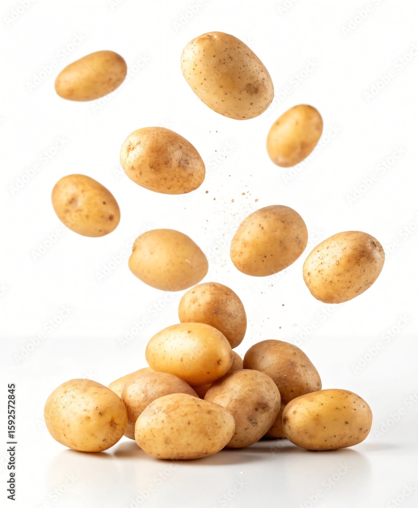 Fototapeta premium Fresh potatoes falling and piled together against a white background