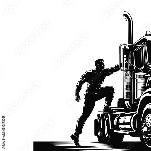 Silhouette illustration of a truck driver climbing into a classic semi-truck, symbolizing travel and perseverance