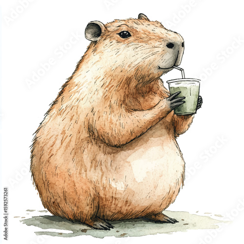 Watercolor Capybara Enjoying a Refreshing Drink with a Straw Smiling Happily