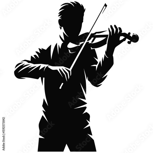 Silhouette illustration of a violinist performing, black and white vector isolated on white background