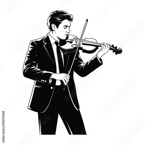 Silhouette illustration of a violinist performing, black and white vector isolated on white background