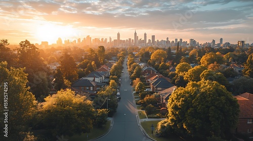 Golden hour aerial view of a suburban street leading towards a distant city skyline