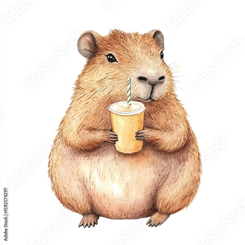 Watercolor Capybara Enjoying a Refreshing Drink with Green Striped Straw