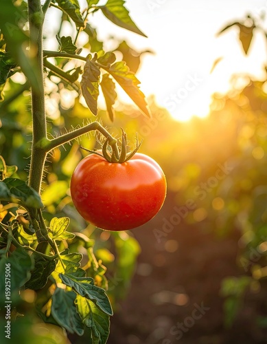 Ripe tomato on vine at sunset