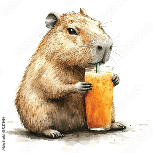Watercolor Capybara Enjoying a Refreshing Orange Juice Drink with Straw