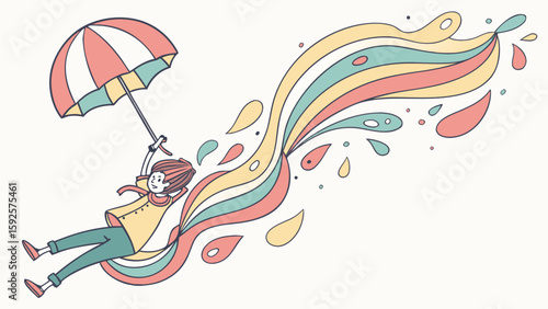 Joyful girl soaring on pastel rainbow, whimsical line art illustration, uplifting mood.