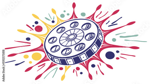 Vibrant Film Reel Explosion:  Hand-drawn, colorful, energetic illustration of a movie reel surrounded by a paint splash.