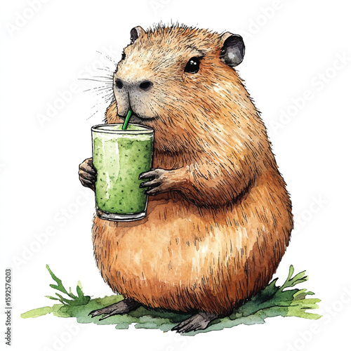 Watercolor Capybara Enjoying Green Smoothie with a Straw Whiskers Visible