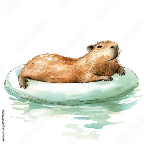 Watercolor Capybara Relaxing on a Floating Pillow Looking Upward with Contentment
