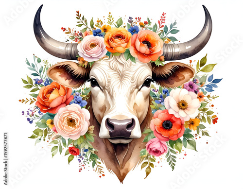 Floral Watercolor Illustration of Taurus Zodiac Bull Head