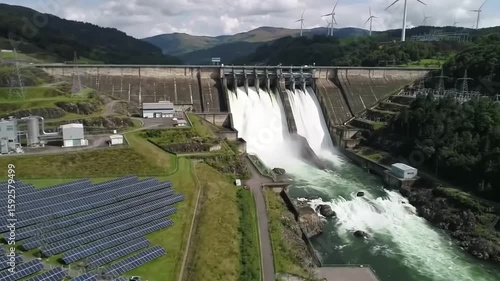 A hydroelectric dam with solar panels and wind turbines