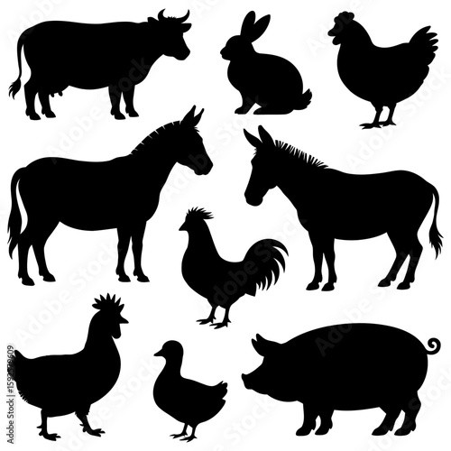 Silhouettes of farm animals cow rabbit and chicken