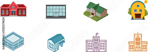 Red brick schoolhouse with arched windows and a peaked roof next to a modern glass building and a suburban house with green roof vector bundle collection set pack template elements icons clipart illus