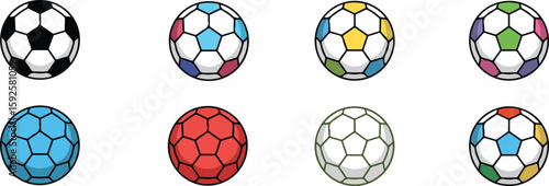 Collection of soccer balls with various color panel designs sport game vector bundle collection set pack template elements icons clipart illustration editable flat minimal modern banner poster png eps
