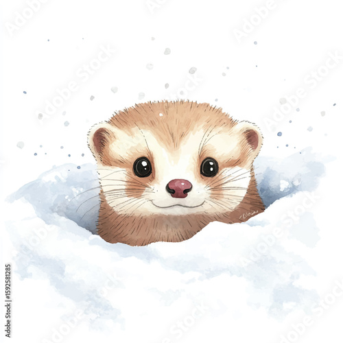 Watercolor ferret with pink nose emerging from fluffy snowdrift
