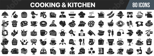 Cooking and kitchen icon collection, featuring food preparation, kitchenware, chef symbols, beverages, dishes, utensils, and ingredients for culinary design