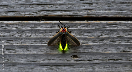 A firefly rests on gray wood planks glowing brightly
