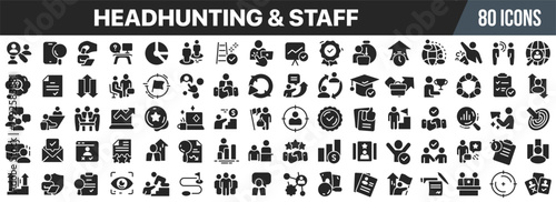 Headhunting and staff icon collection, including recruitment, HR management, interviews, career growth, teamwork, business meeting