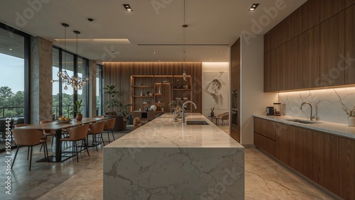 Contemporary open-plan kitchen and dining area.