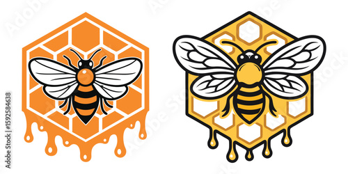 Honeybee Mascot in Honeycomb Frame, Retro Emblem for Farm and Food Packaging On White Background


