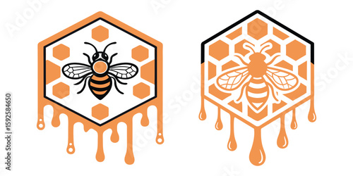 Honeybee Mascot in Honeycomb Frame, Retro Emblem for Farm and Food Packaging On White Background

