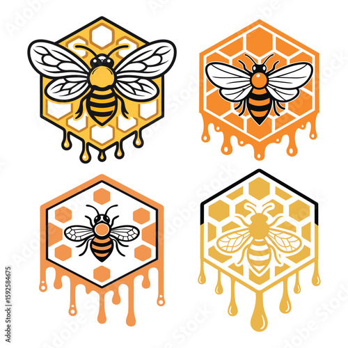 Honeybee Mascot in Honeycomb Frame, Retro Emblem for Farm and Food Packaging On White Background

