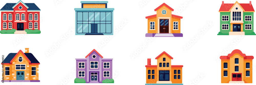 Colorful buildings collection with varied architectural styles architecture houses vector bundle collection set pack template elements icons clipart illustration editable flat minimal modern banner po Colorful buildings collection with varied architectural styles architecture houses vector bundle collection set pack template elements icons clipart illustration editable flat minimal modern banner po