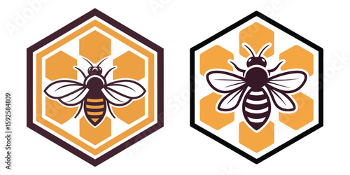 Bee and Honeycomb Icon, Organic Honey Brand Logo Design in Vintage Style On White Background

