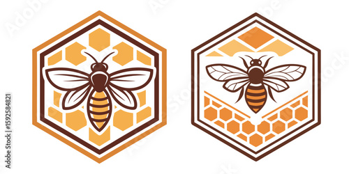 Bee and Honeycomb Icon, Organic Honey Brand Logo Design in Vintage Style On White Background

