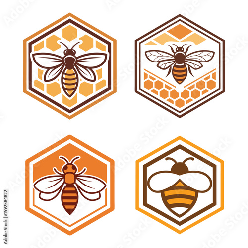 Bee and Honeycomb Icon, Organic Honey Brand Logo Design in Vintage Style On White Background

