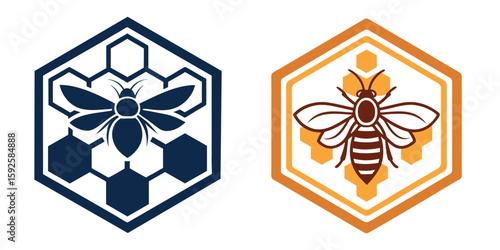 Honey Bee Logo in Hexagon, Vector Emblem with Honeycomb Pattern for Natural Products On White Background

