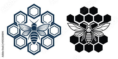 Honey Bee Logo in Hexagon, Vector Emblem with Honeycomb Pattern for Natural Products On White Background

