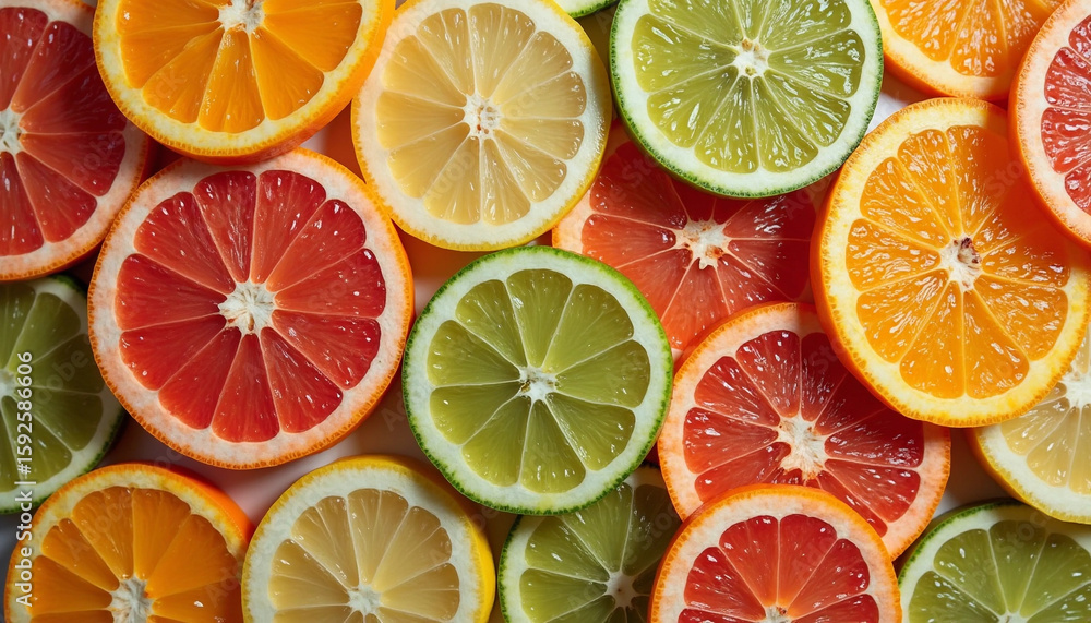 Obraz premium Diverse Citrus Slices: Fresh Composition of Colors & Water Droplets
