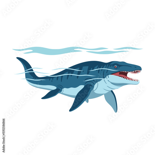 A stylized illustration of a prehistoric marine reptile, likely a mosasaur, swimming in the ocean.