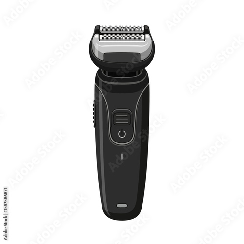 A sleek, black electric razor with silver foil heads, isolated on a white background.  The device is shown in a front view, showcasing its design and features.