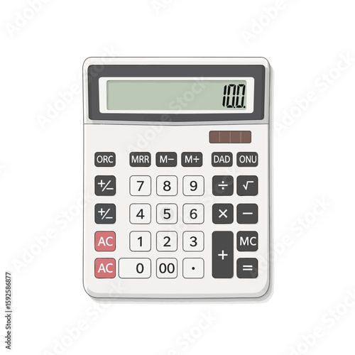 A white calculator with a digital display showing the number 100, isolated on white.