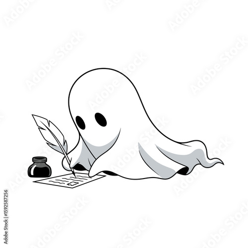 Cute ghost writing a letter with a quill and inkwell.