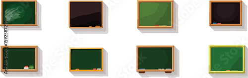 Various chalkboards with chalk and erasers blackboard green vector bundle collection set pack template elements icons clipart illustration editable flat minimal modern banner poster png eps png, poste