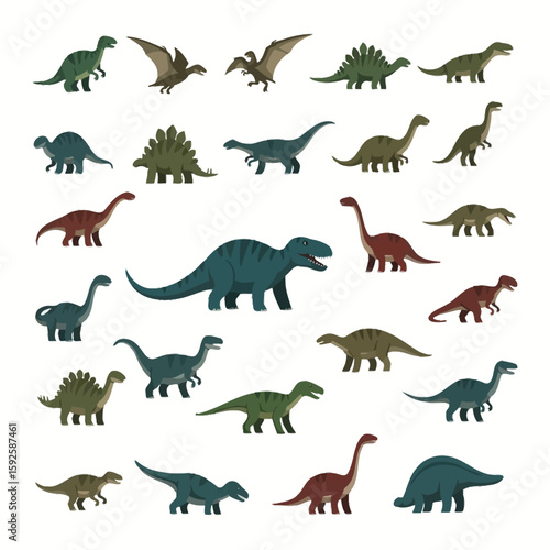 A collection of various cartoon dinosaurs in different poses and colors, arranged on a white background.
