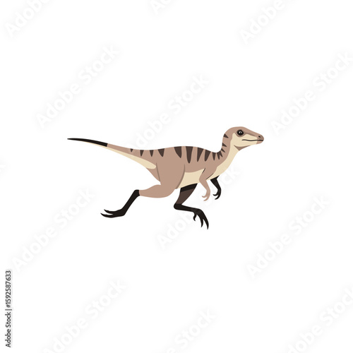 A small, tan dinosaur runs swiftly across a white background.  Its striped body and three-toed feet are clearly visible.