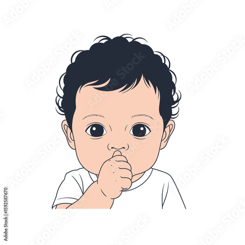 Adorable baby portrait, dark hair, sucking thumb, simple illustration style.