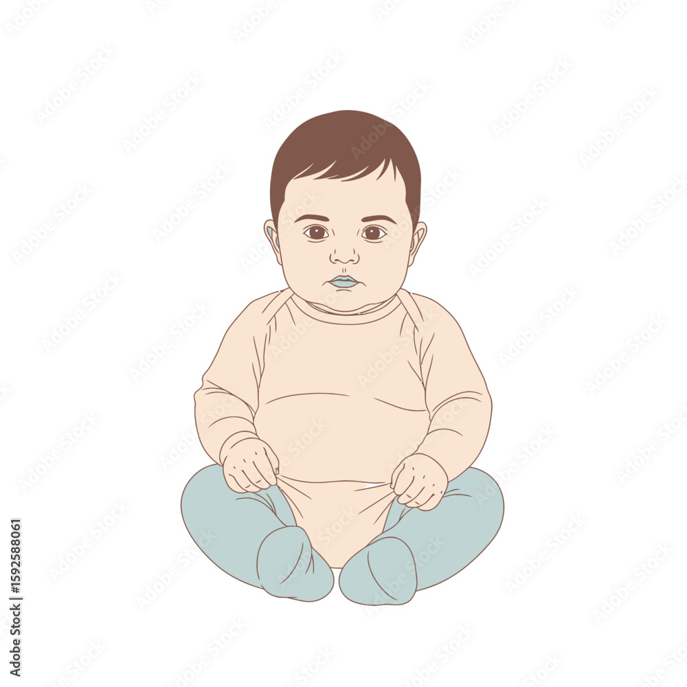 Illustration of a baby sitting upright, wearing a light pink bodysuit and blue pants, isolated on a white background. Illustration of a baby sitting upright, wearing a light pink bodysuit and blue pants, isolated on a white background.
