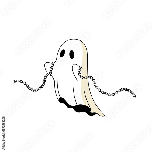 A cartoon ghost floats with chains, appearing to be trapped or restrained.