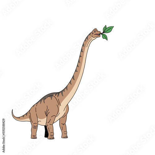 Cartoon illustration of a long-necked dinosaur eating leaves.