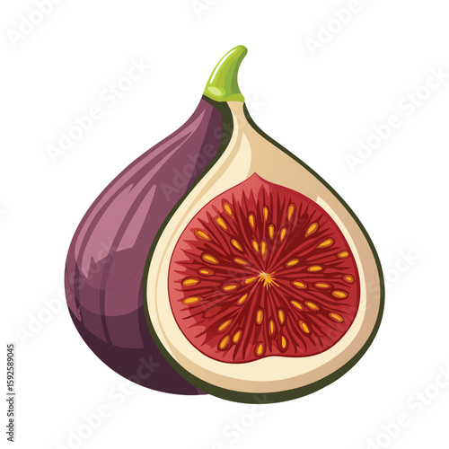 Fresh purple fig, halved to reveal its seeds, on a plain white surface.