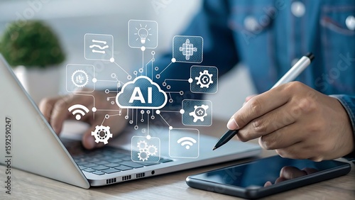 Person using laptop with ai cloud icon and various technology related icons displayed on the screen ai genrated