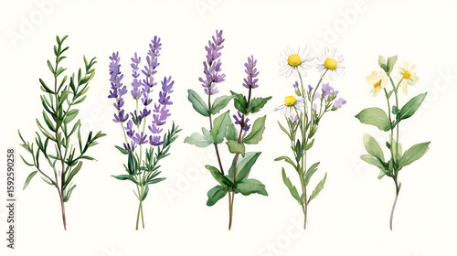A detailed watercolor collection of medicinal herbs: lavender, chamomile, mint, echinacea and rosemary. Each plant is isolated on a transparent background with root details and labels in vintage typog