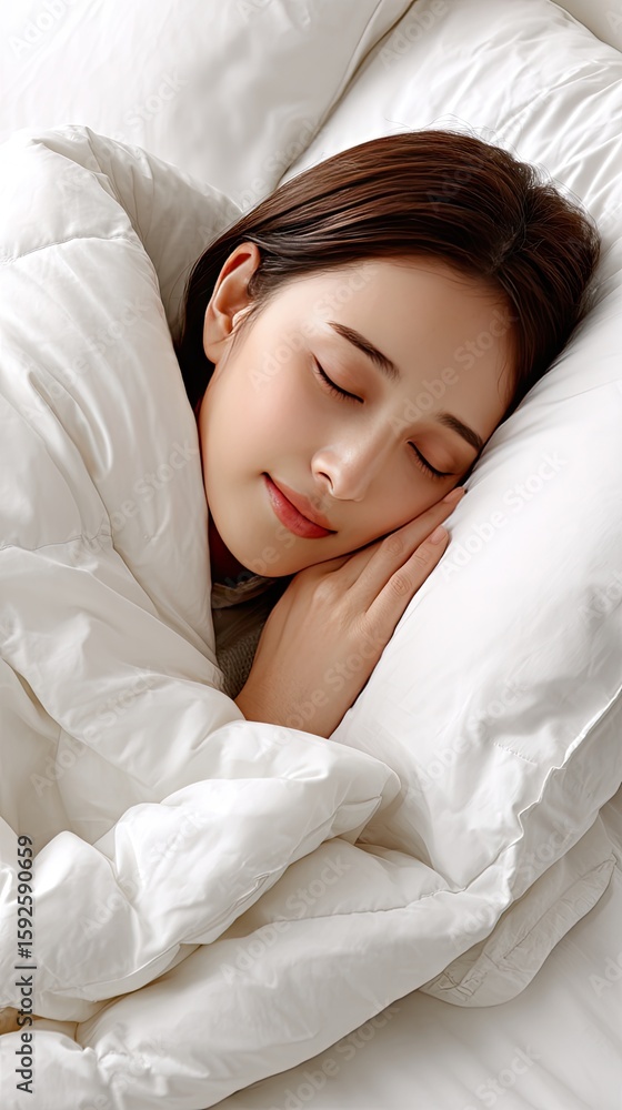 Young Asian woman wakes up in bright bedroom, peeking out from duvet in sunny morning light, enjoying peaceful moment in minimalist space Young Asian woman wakes up in bright bedroom, peeking out from duvet in sunny morning light, enjoying peaceful moment in minimalist space